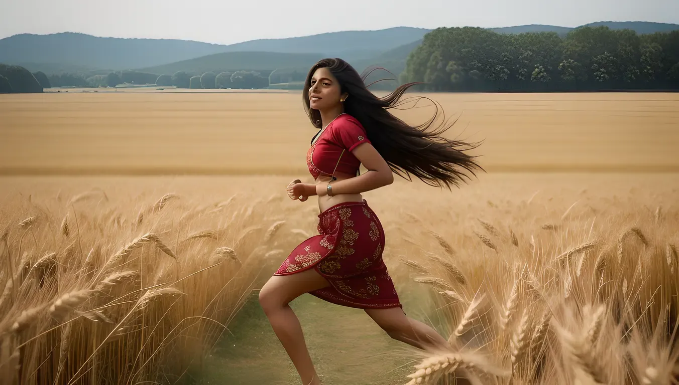 Indian Girl Runs through Wheat Field with Long Hair Flowing