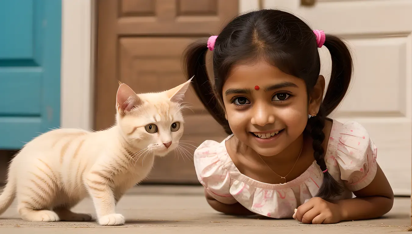 Indian Girl ki Playing with Kitten in Soft Pink Dress and Big Smile