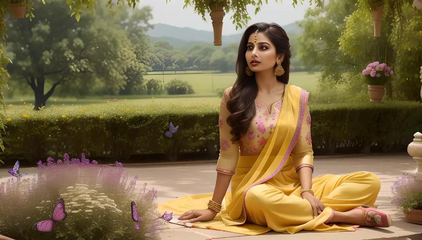 Indian Girl ki in Colorful Fabric with Vibrant Flowers and Butterflies