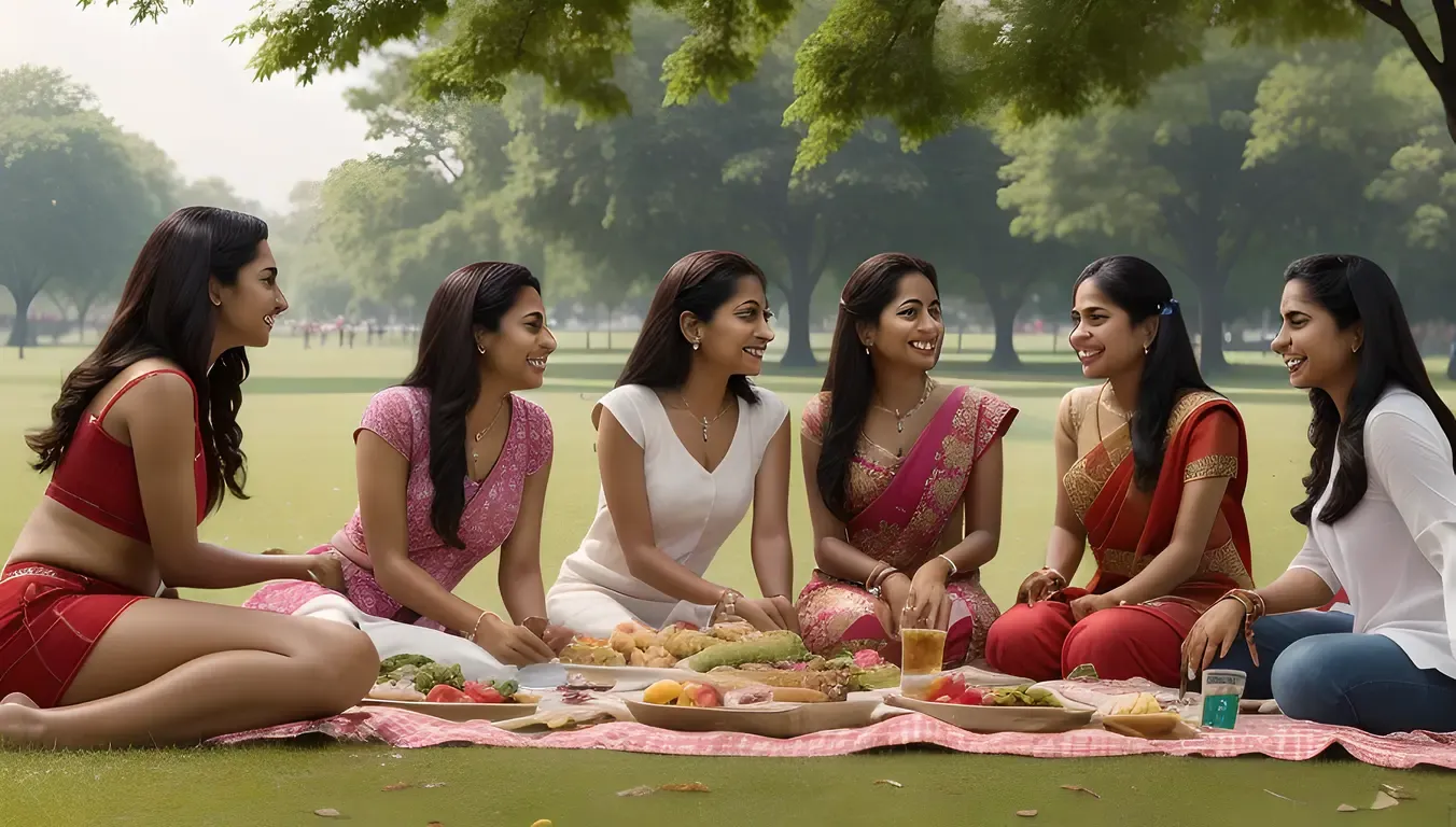 Indian Girls Enjoy Picnic in Park with Great Outdoors