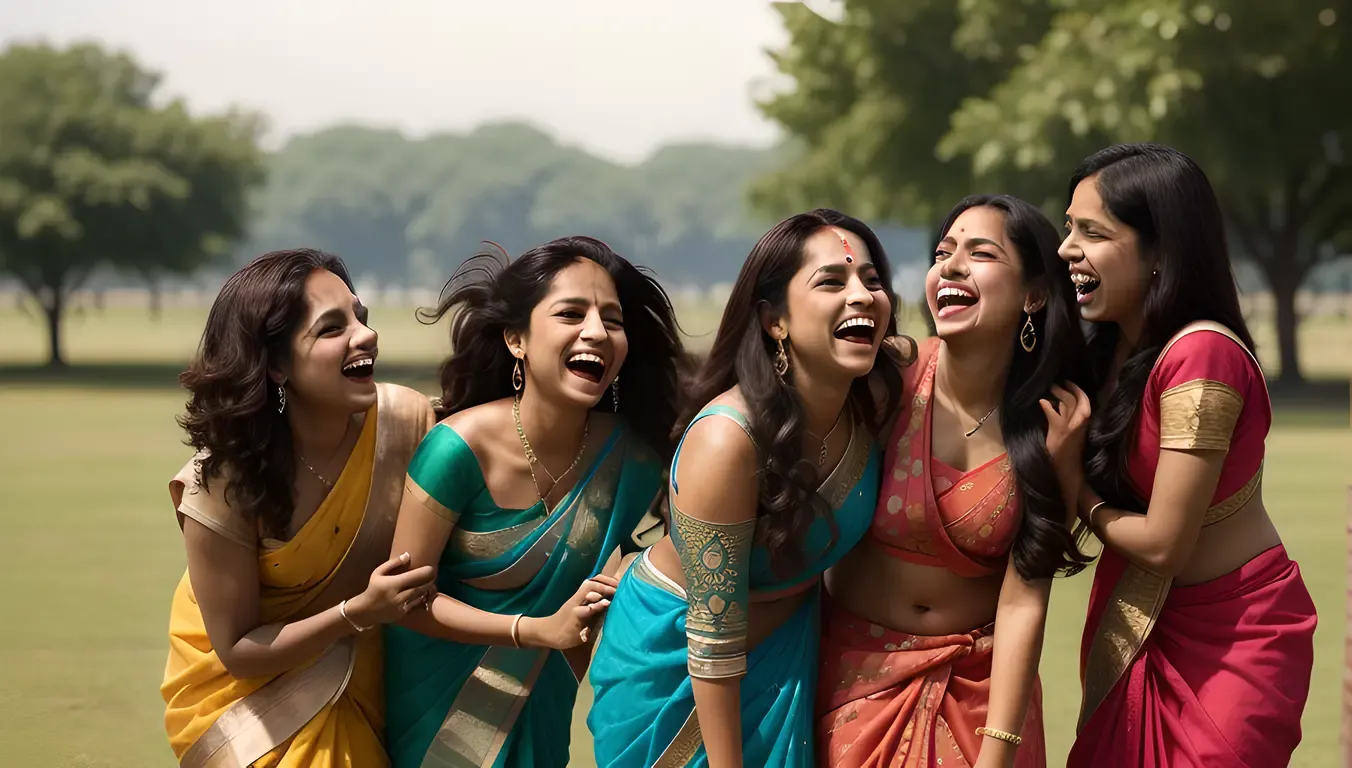 Indian Girls Laugh and Play Together with Long Hair Blowing