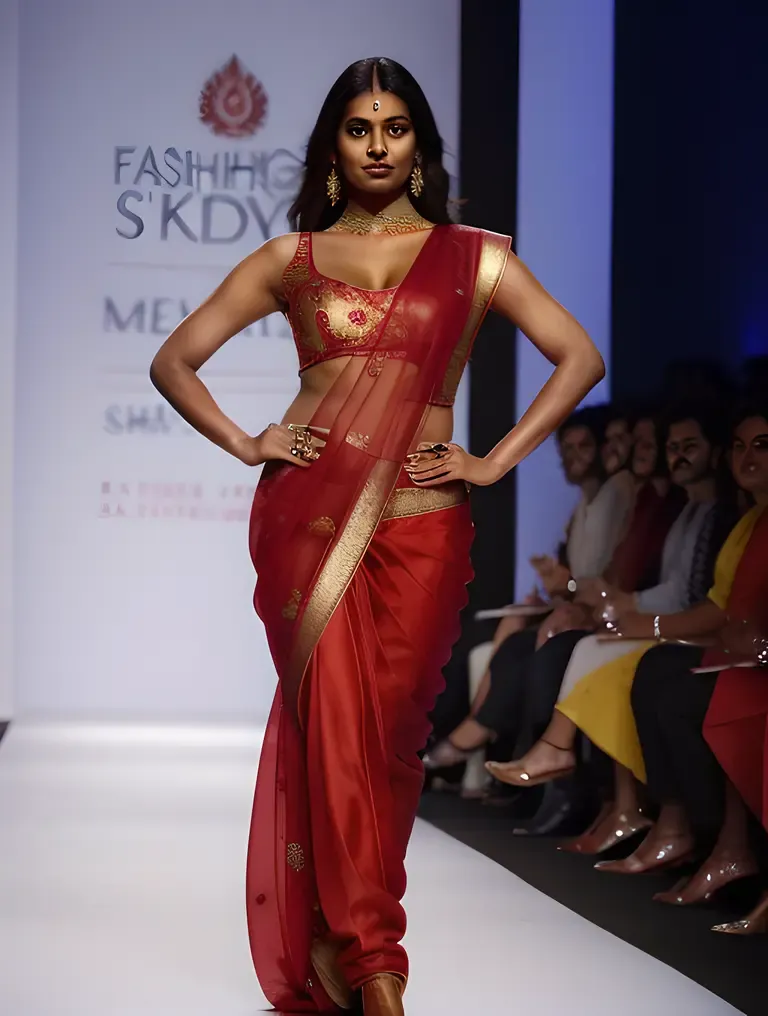 Indian Model Shows Off Toned Physique in Red Sari