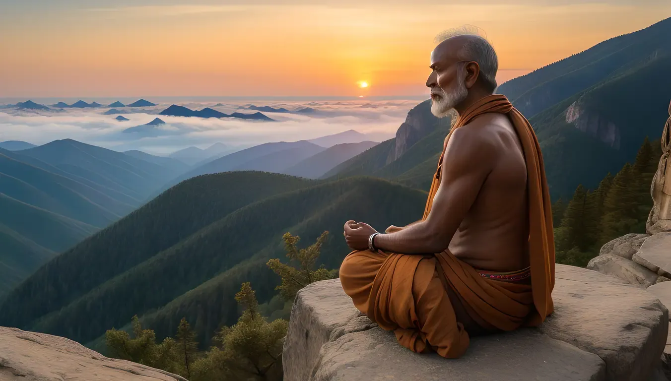 Indian Sadhu Meditates on Mountain Peak at Sunrise