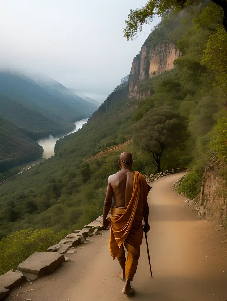 Indian Sadhu Walks Along Mountain Path with Stunning Valley View