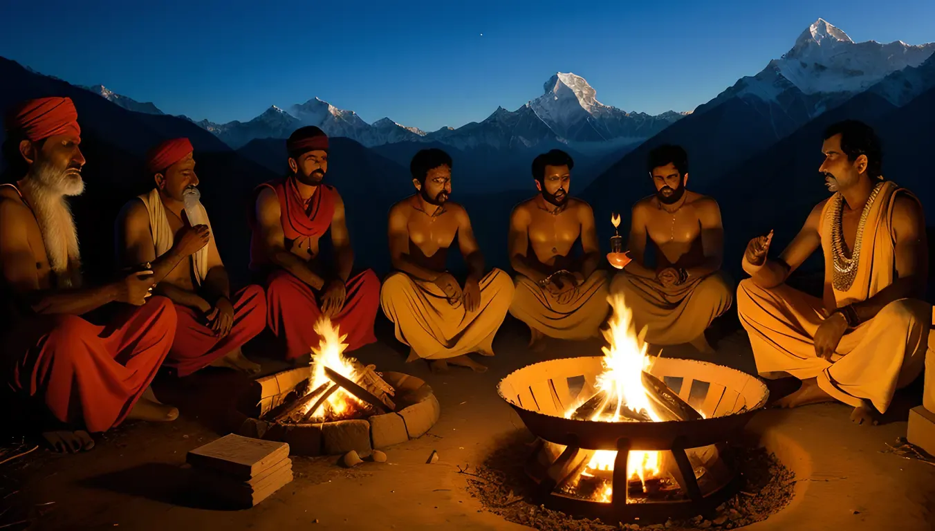 Indian Sadhus Perform Ritual Around Bonfire in Himalayas