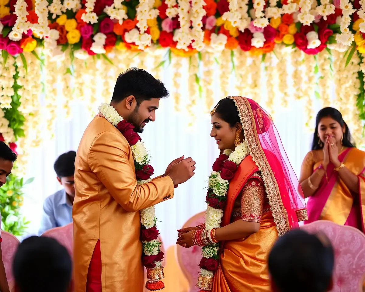 Indian Wedding with Poo Malai Flowers Backdrop