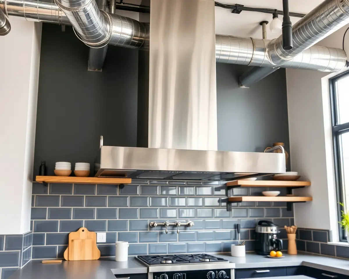Industrial-Style Stainless Steel Kitchen Chimney with Exposed Ductwork