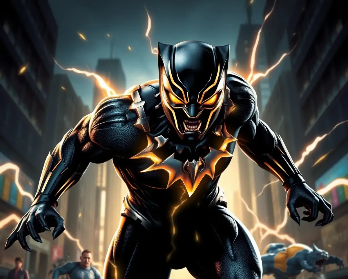 Intense Black Panther in Mid-Battle with Glowing Suit