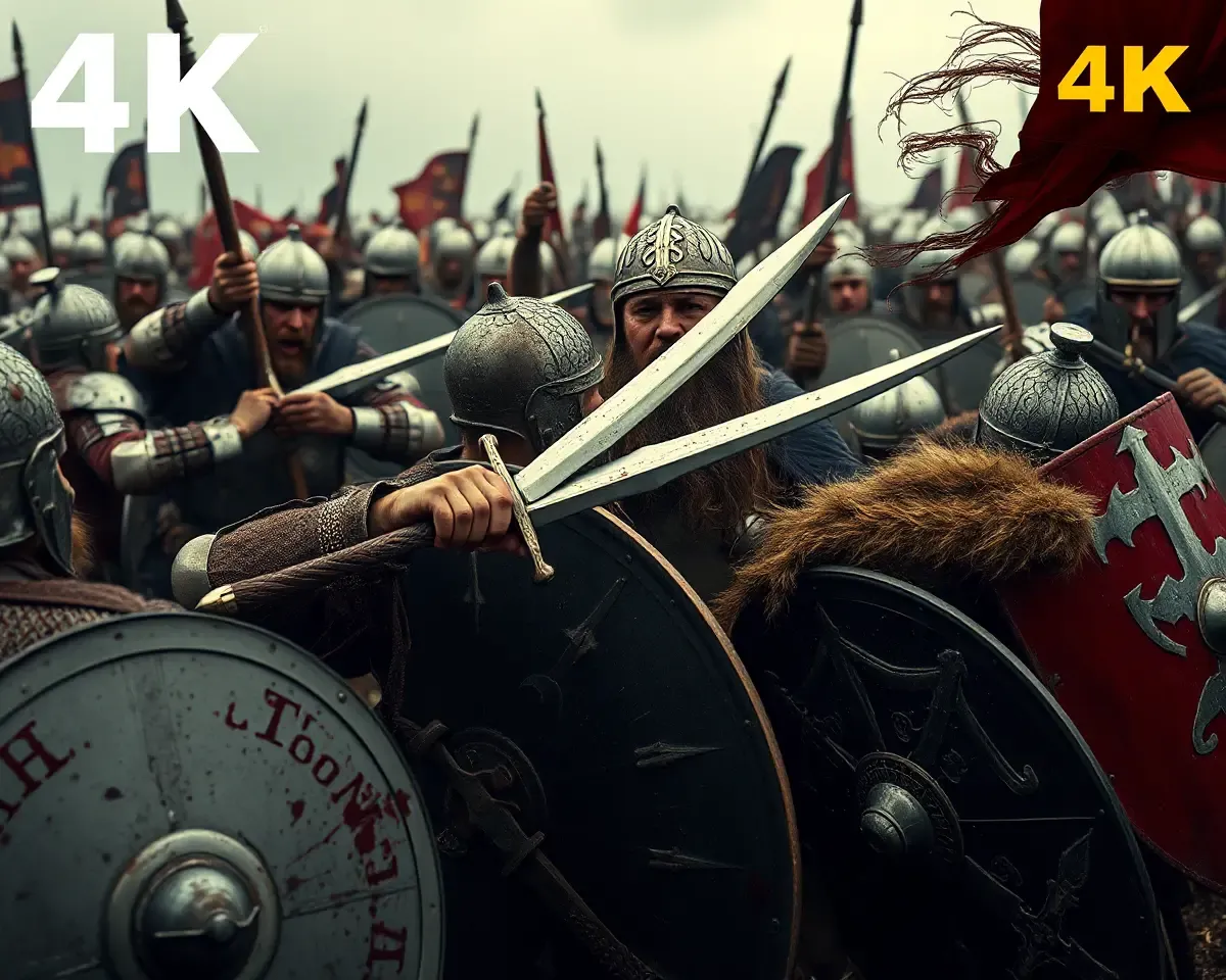 Intense Viking Battle in 4K with Clashing Swords and Shields