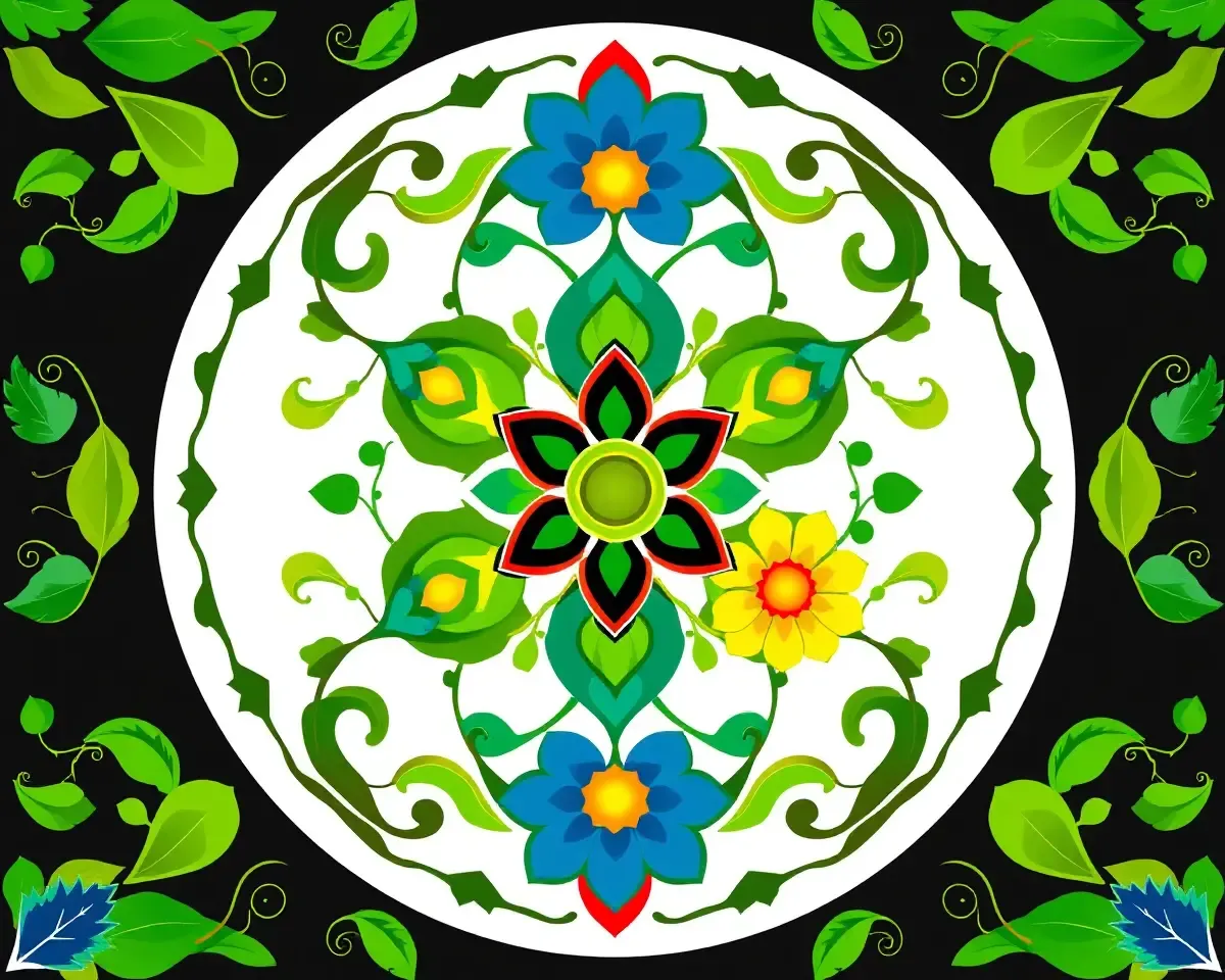 Interlocking Flower Pookkalam Design in Green Blue Yellow
