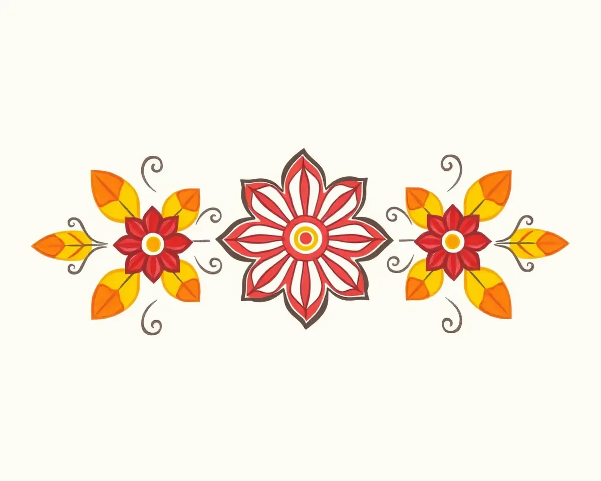 Intricate Geometric Pookkalam Design with Red Orange Yellow