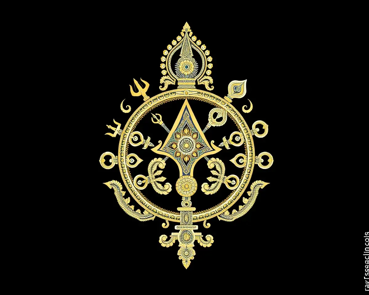 Intricate Trishul Design on Dark Blue Background