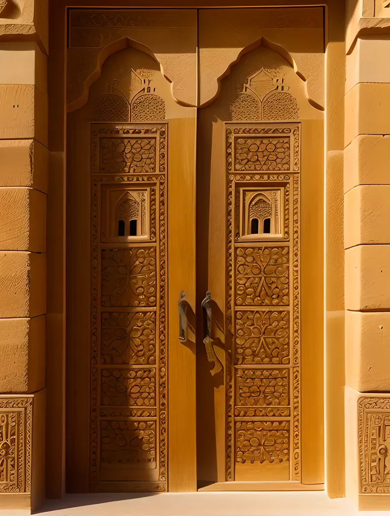 Intricately Carved Doors of Jaisalmer Fort in Warm Golden Light