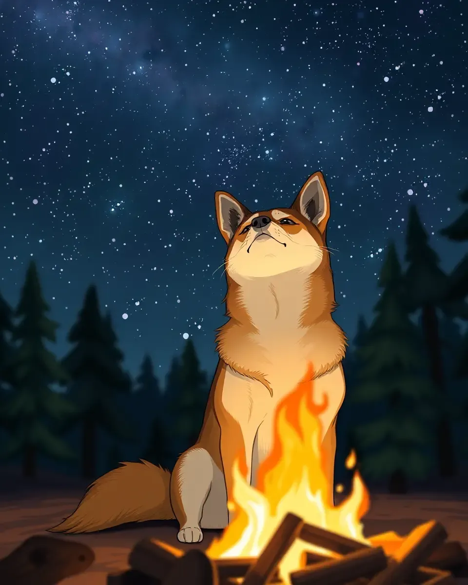 Inu Dog by Campfire Gazing at Starry Night Sky
