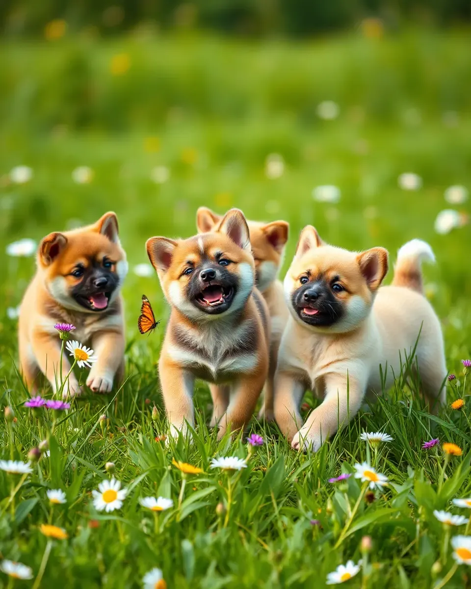 Inu Puppies Play in Lush Green Meadow with Butterflies