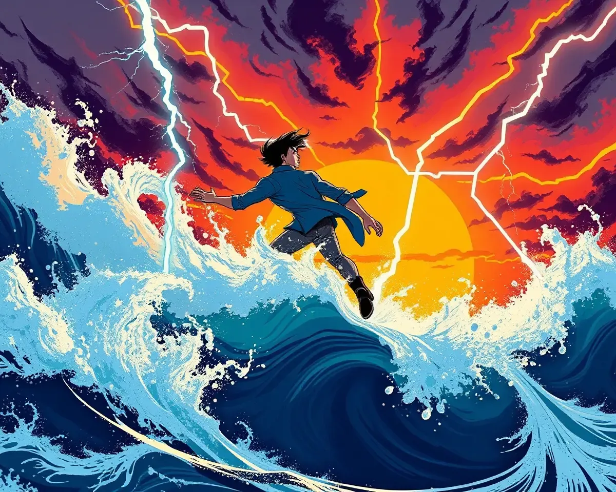 Jackson Riding Stormy Sea with Vibrant Tropical Background
