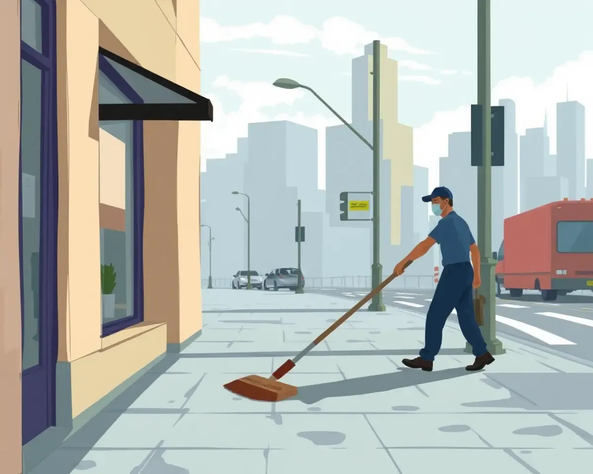 Janitor Sweeping Store Sidewalk with Cityscape Background and Janral Store PNG
