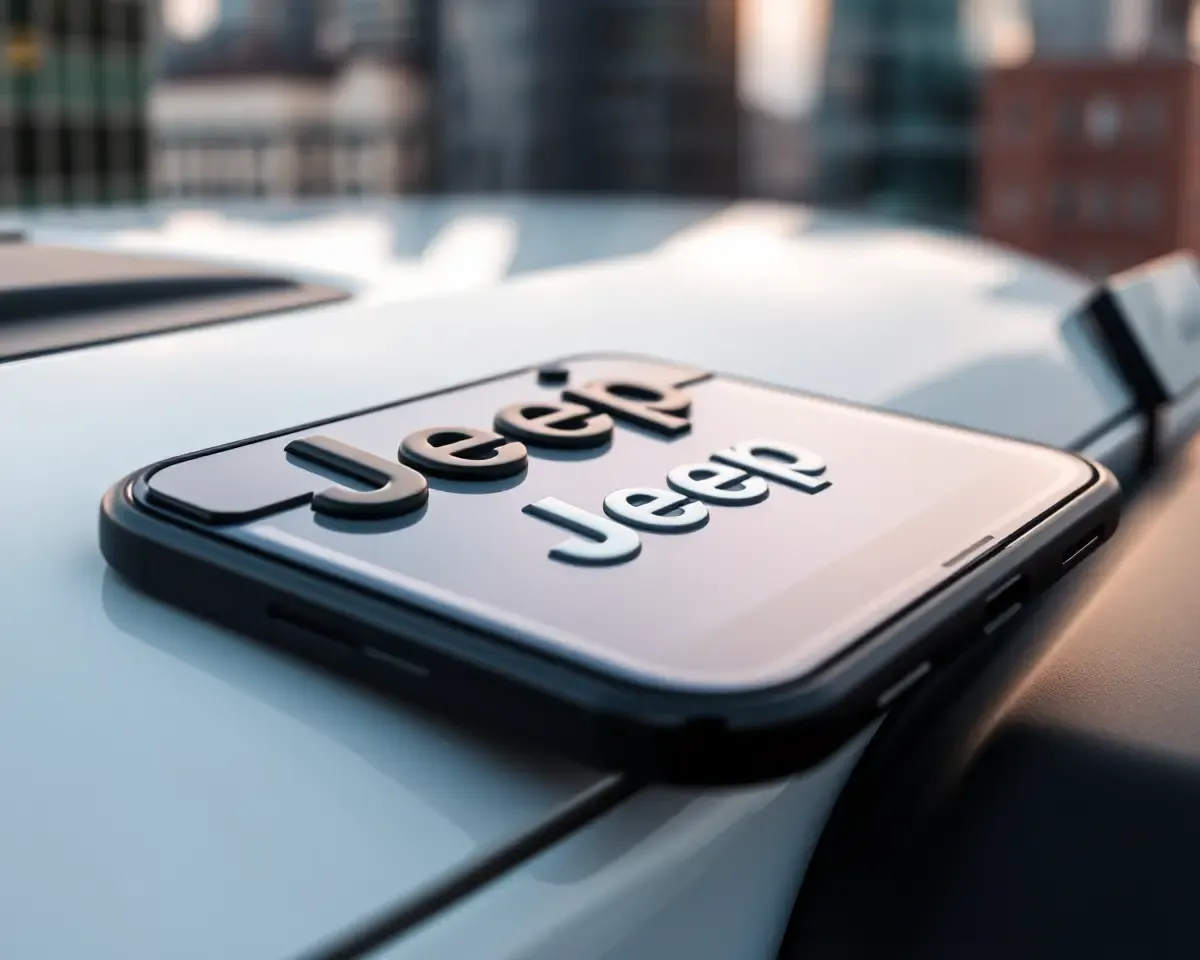 Jeep Wrangler Logo on Sleek iPhone Cityscape Background