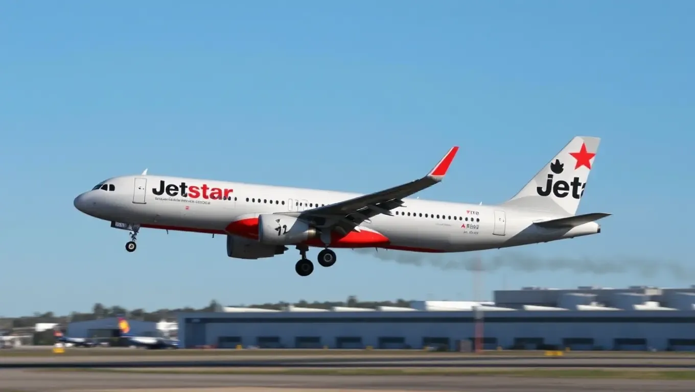 Jetstar's Airbus A320 Takes Off from Bustling Airport Runway