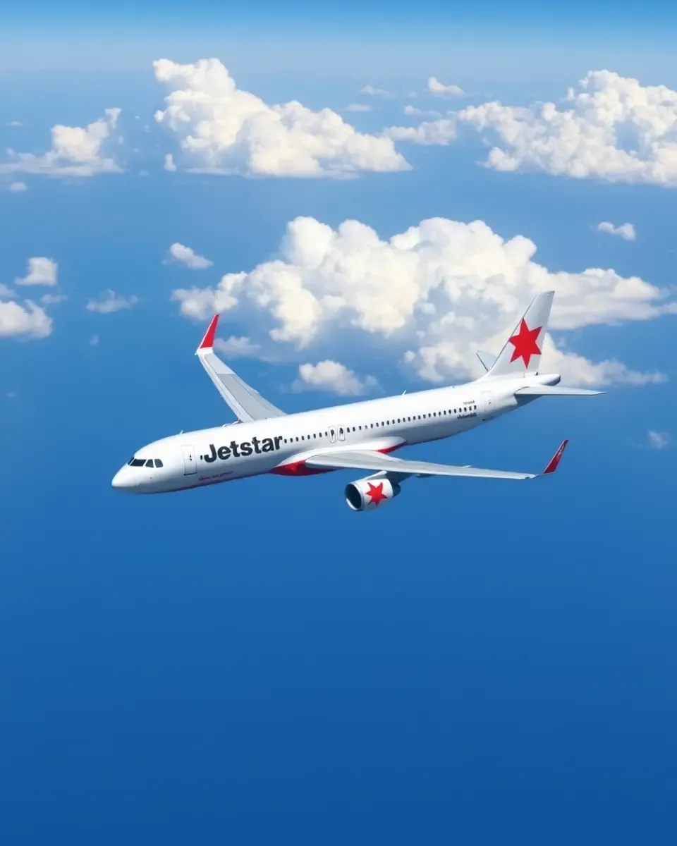 Jetstar A320 Soars Through Clear Blue Sky with Fluffy Clouds