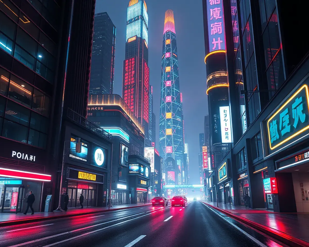 Jodavi's Futuristic City Street Scene with Neon Lights in PNG