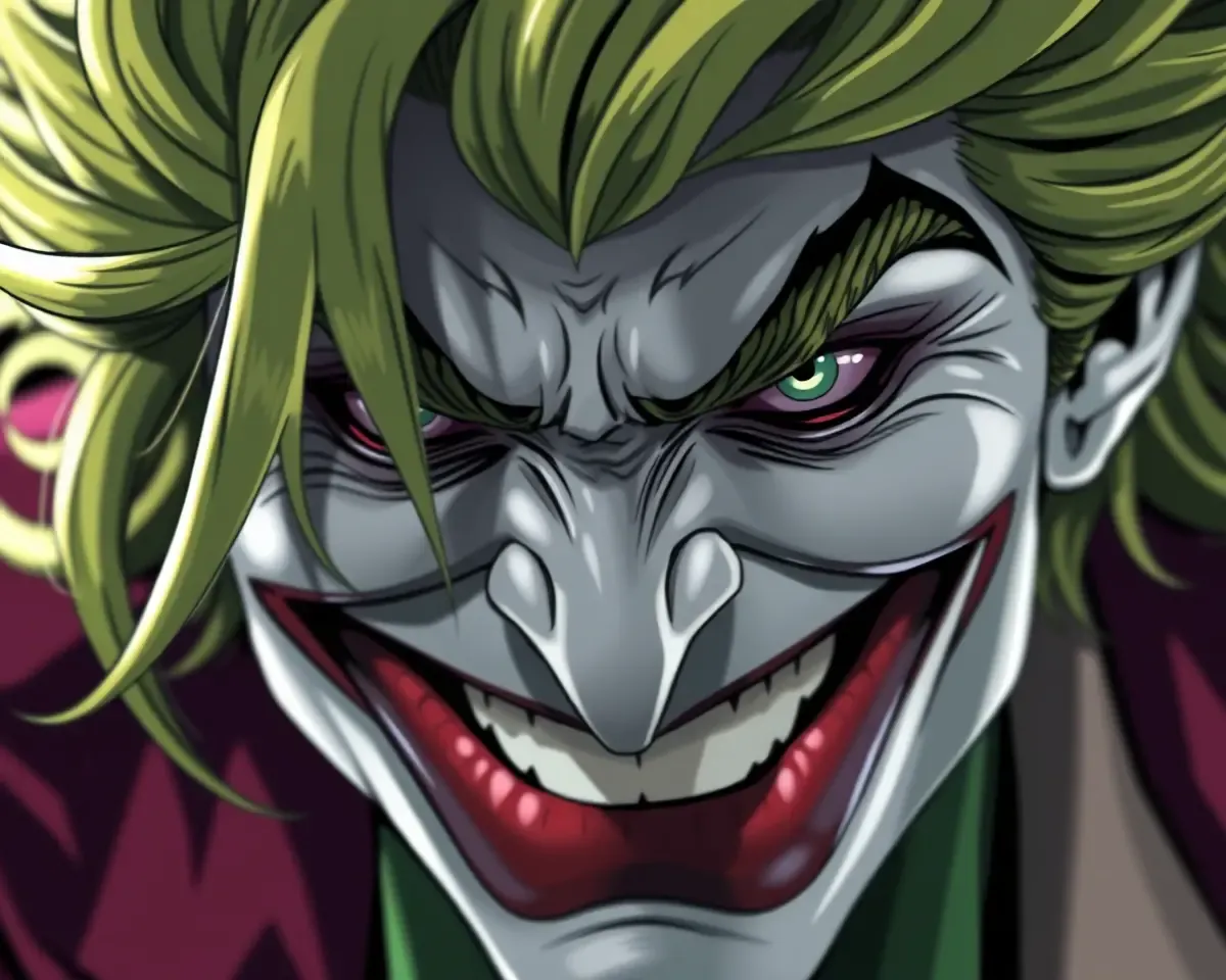 Joker's Hair with Mischievous Grin and Madness in Eyes