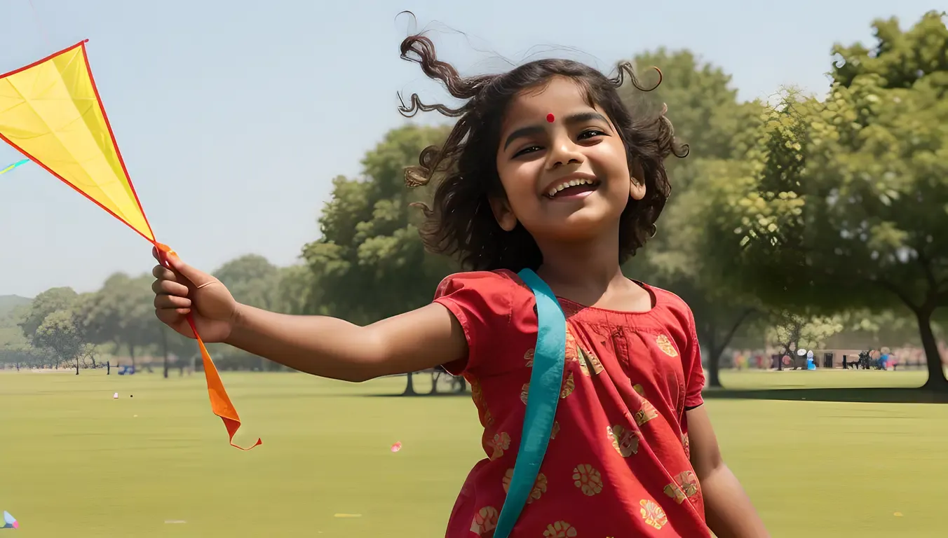 Joyful Indian Girl Plays with Kite on Sunny Day