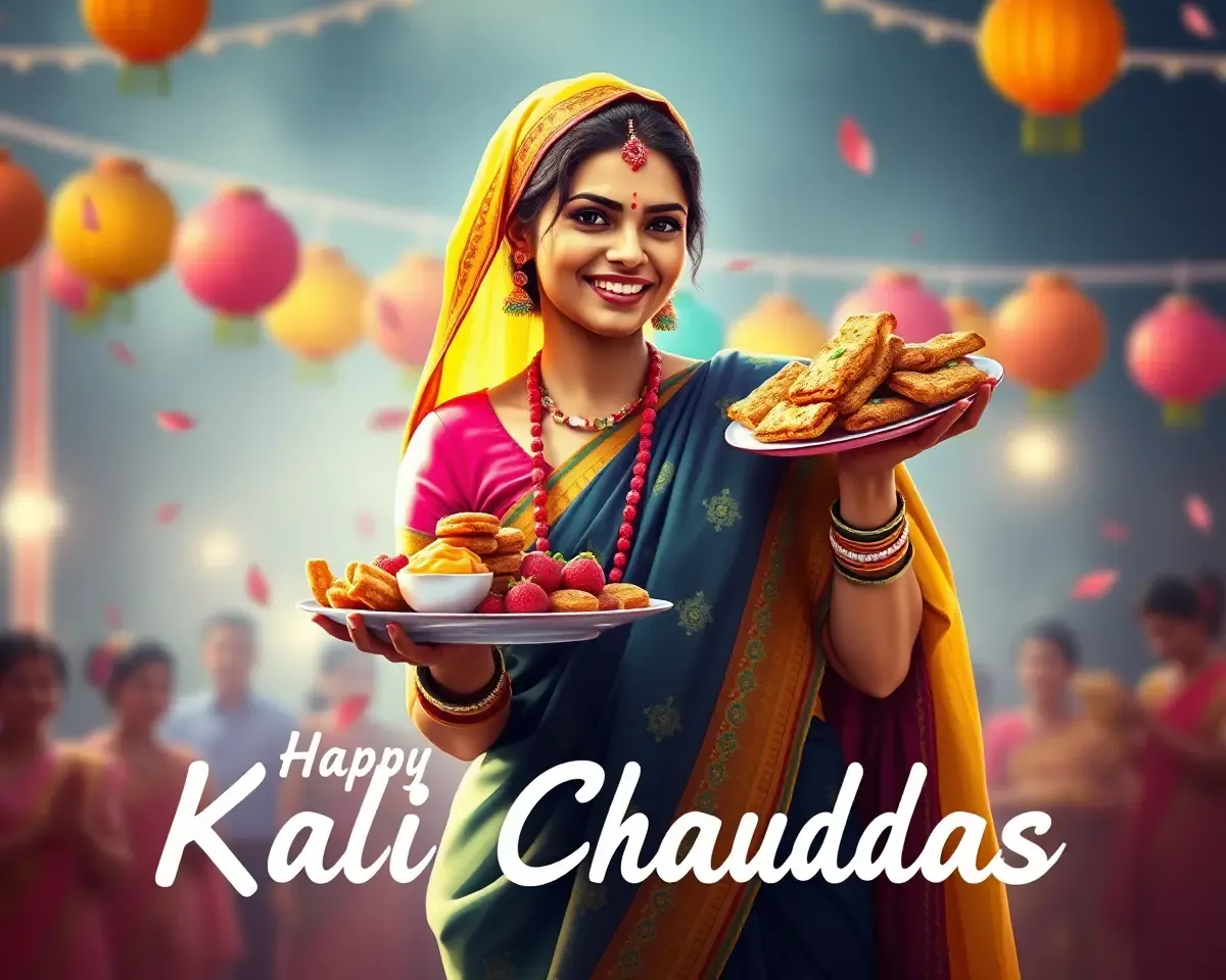 Joyful Kali Chaudas Celebration with Traditional Gujarati Woman