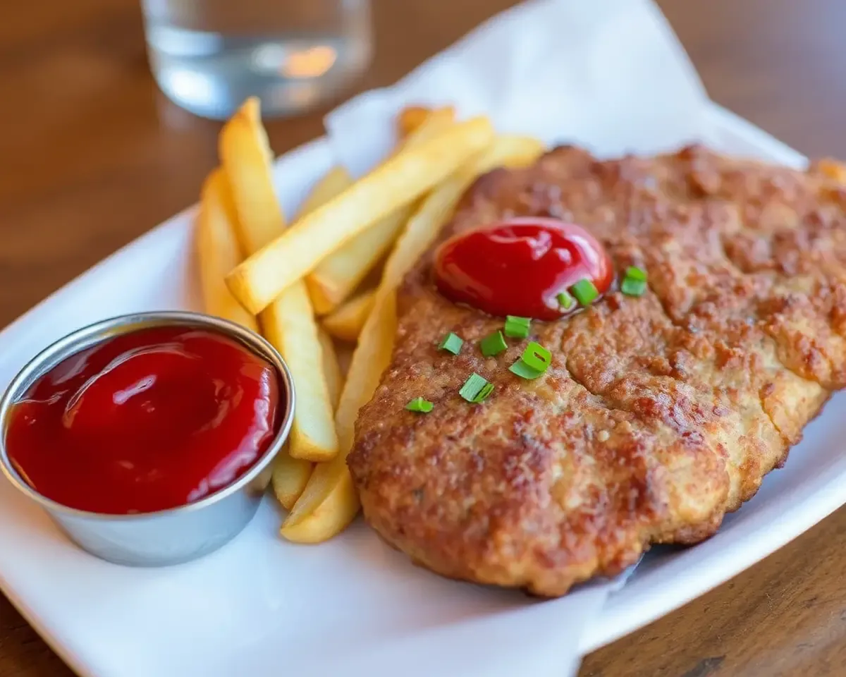 Juicy Beef Cutlet with Crispy Fries and Ketchup