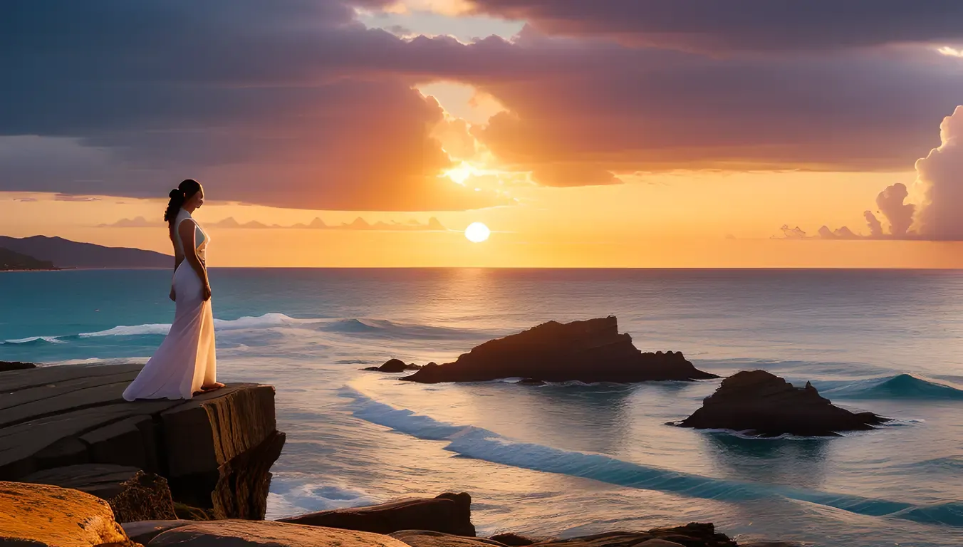 Kaliamman Standing on Rocky Cliff with Fiery Sunset