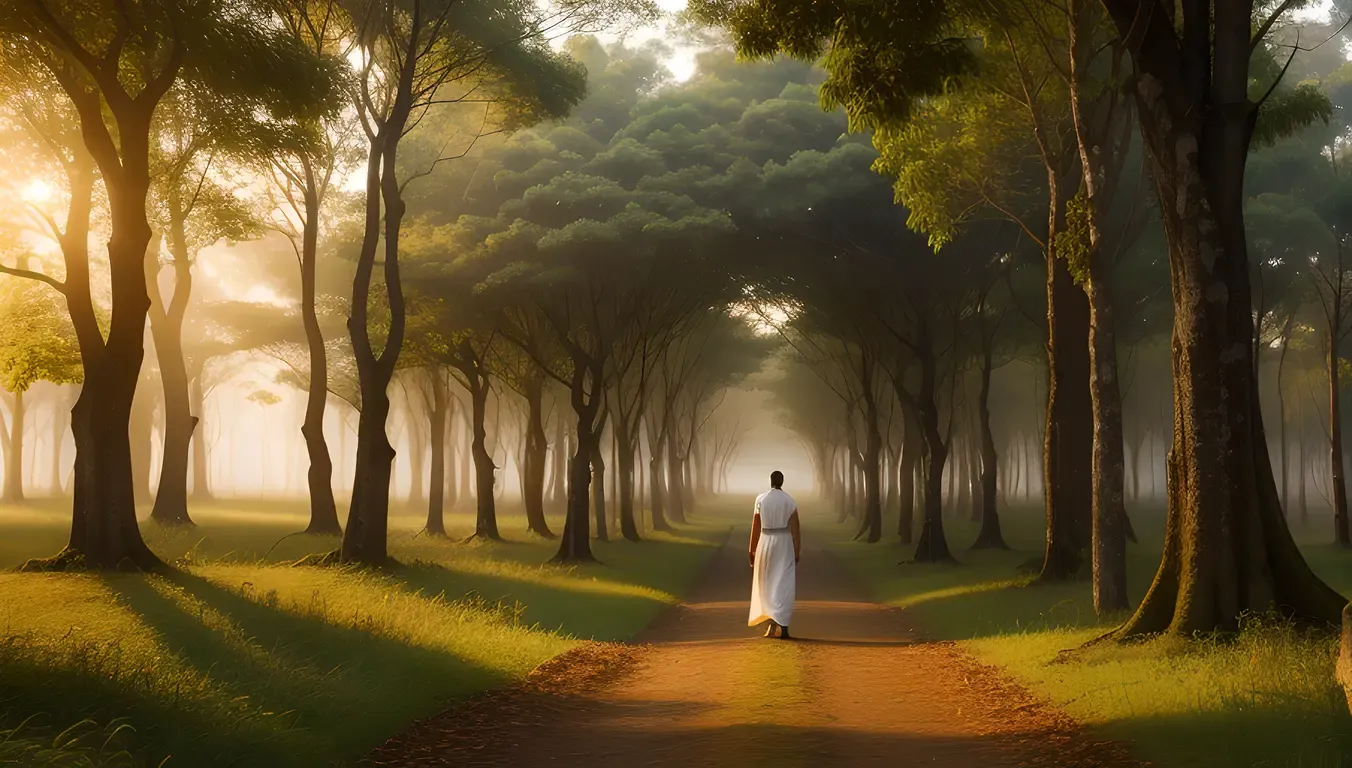 Kaliamman in Misty Forest with Ancient Trees and Glowing Orbs