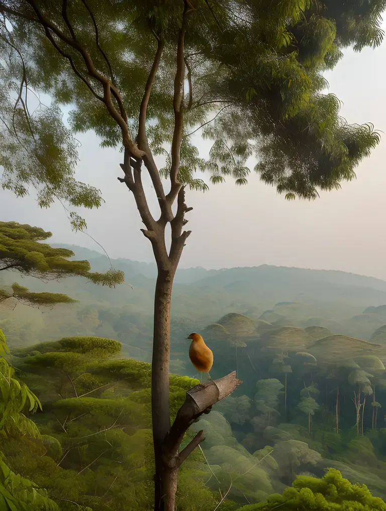 Kallu Perched on Giant Tree Branch over Misty Forest