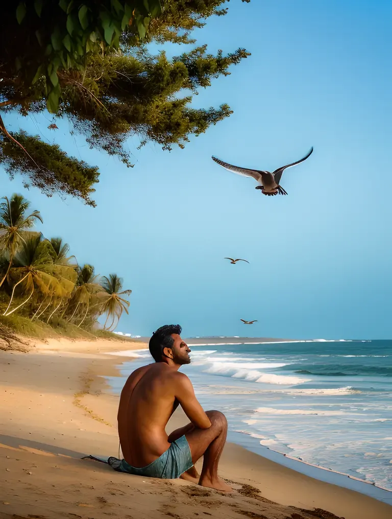 Kallu Watching Waves Roll In on Peaceful Beach