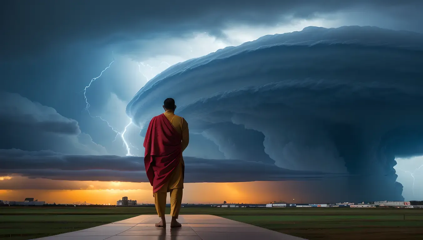 Kanakadasa Standing in Front of Majestic Temple with Storm