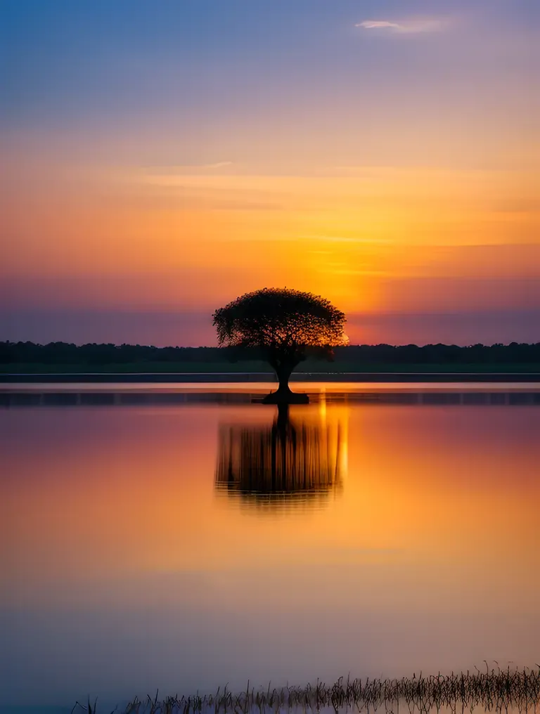 Karadi Tree Silhouetted Against Vibrant Sunset