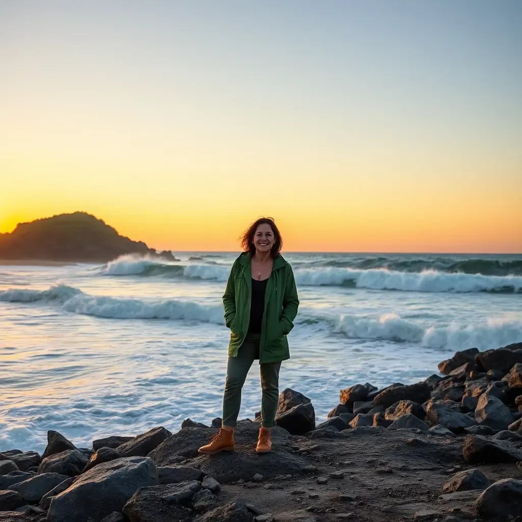 Karen Webb's Serene Moment on Rocky Beach at Sunset