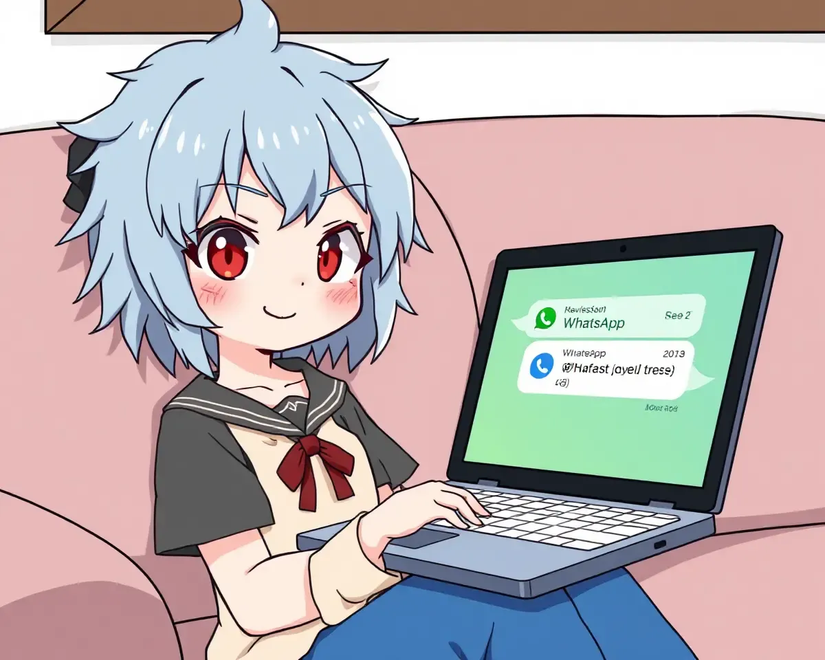 Kawaii Girl with Blue Hair and Laptop