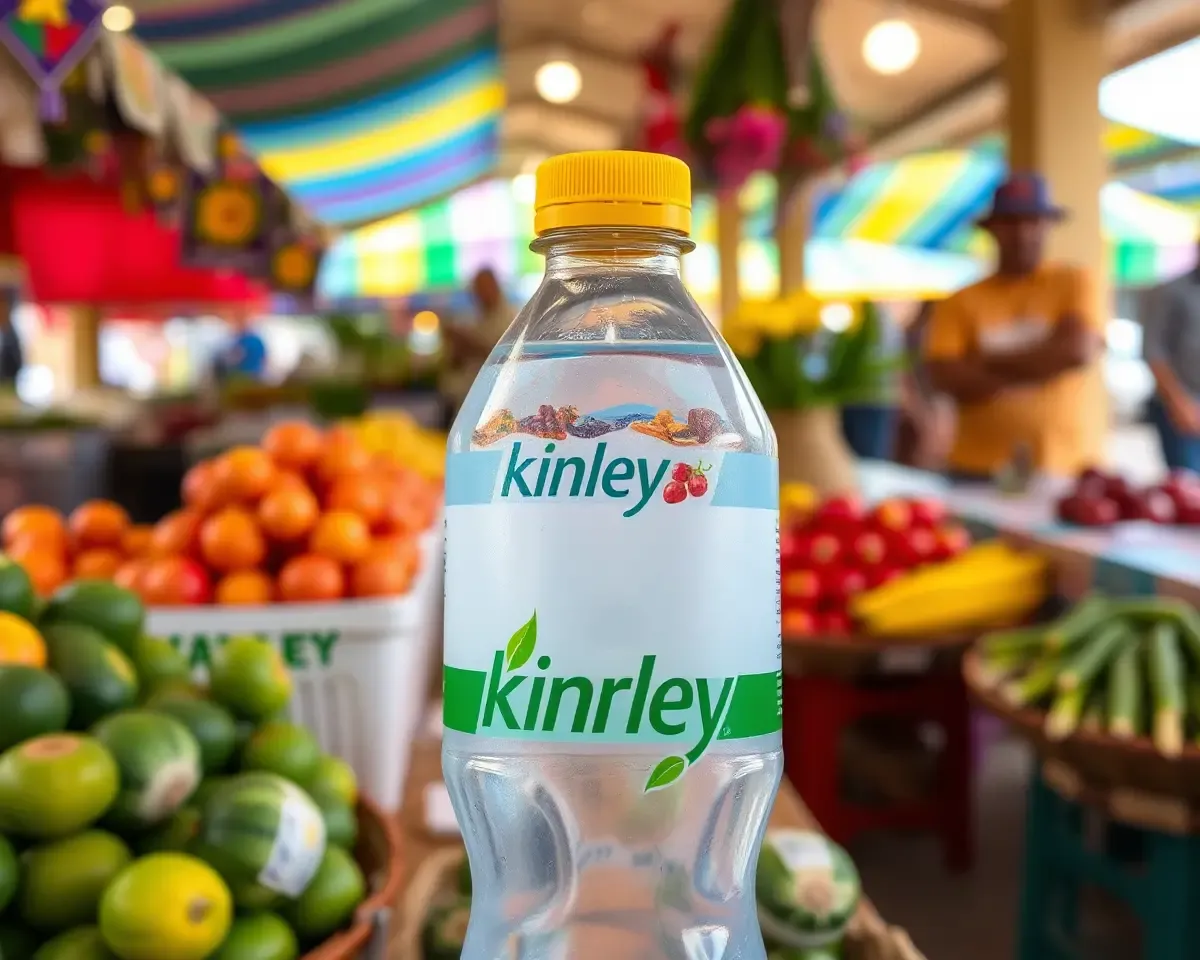 Kinley Water Bottle in Vibrant Colorful Market Scene with Vendors