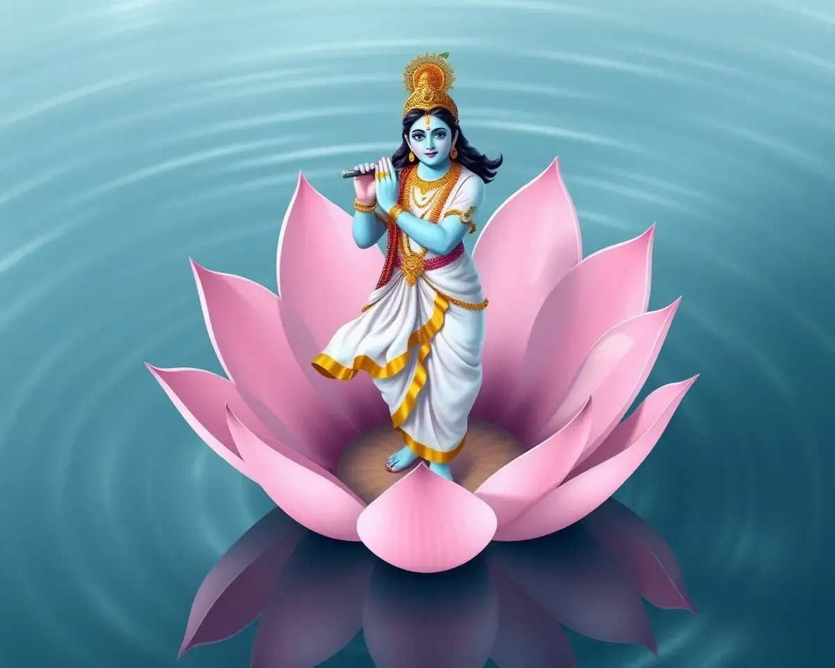 Krishna in Lotus Flower with Golden Trim and Flowing White Dress