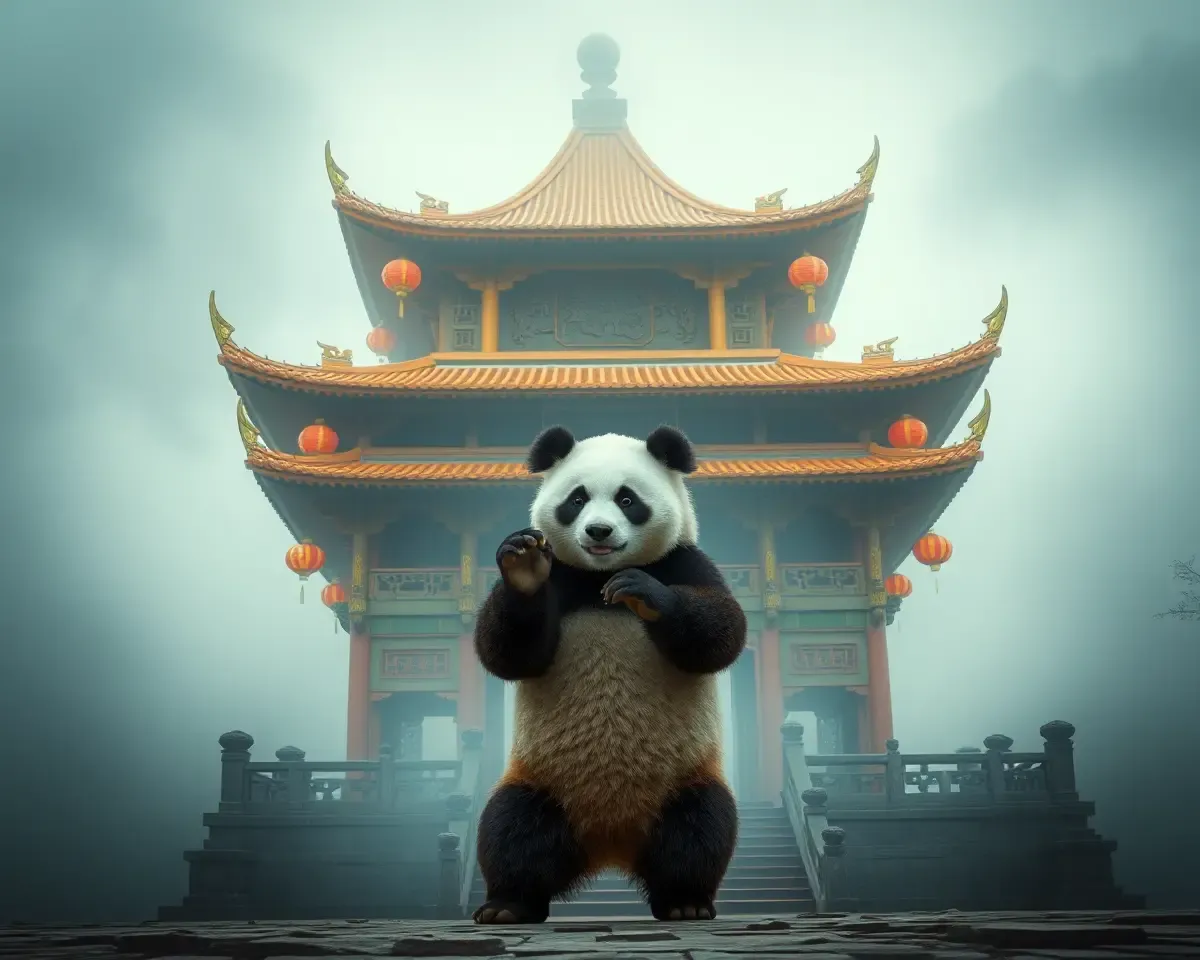 Kung Fu Panda in Front of Colorful Pagoda