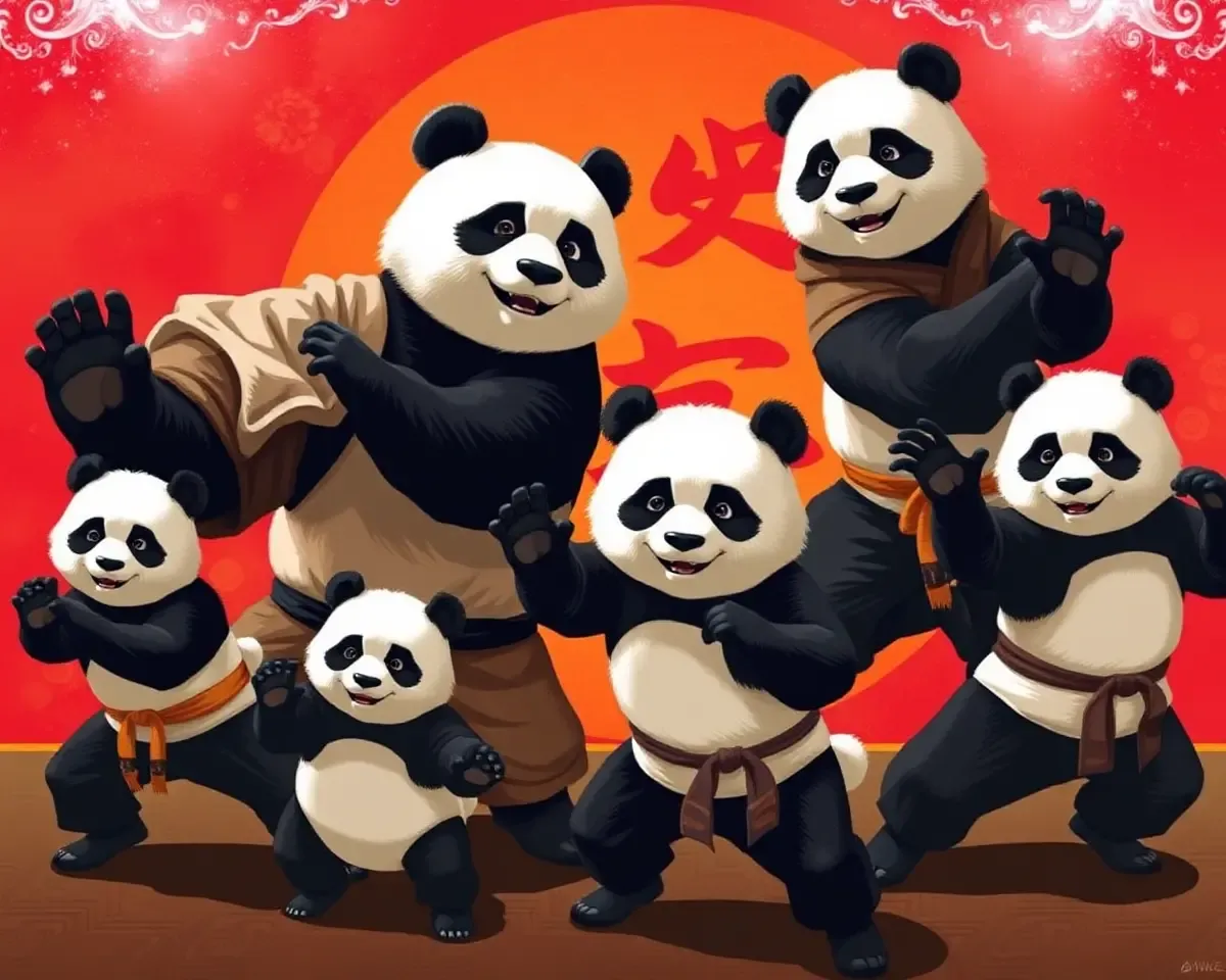 Kung Fu Pandas in Vibrant Red and Gold