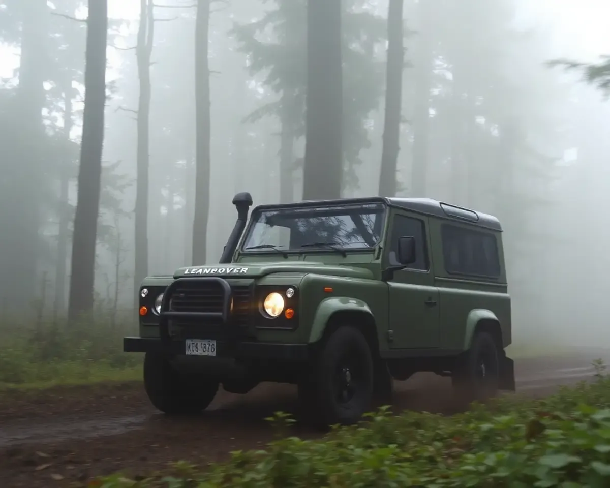 Land Rover Defender Through Foggy Forest