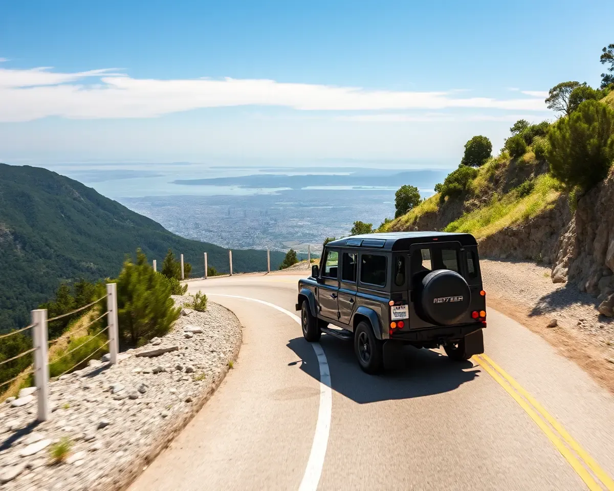 Land Rover Defender Winding Mountain Road Cityscape