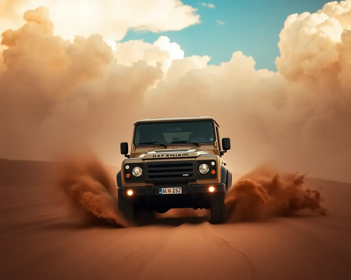Land Rover Defender in Desert Stormy Weather