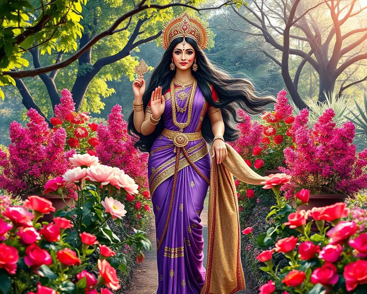 Laxmi Mata PNG in Beautiful Garden with Gentle Breeze