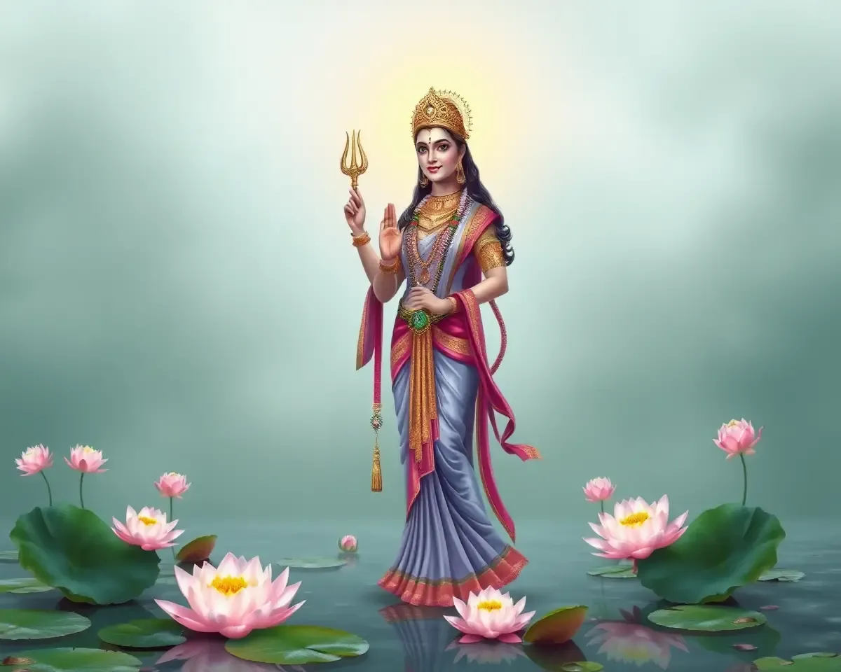 Laxmi Mata PNG in Serene Environment with Lotus Flowers