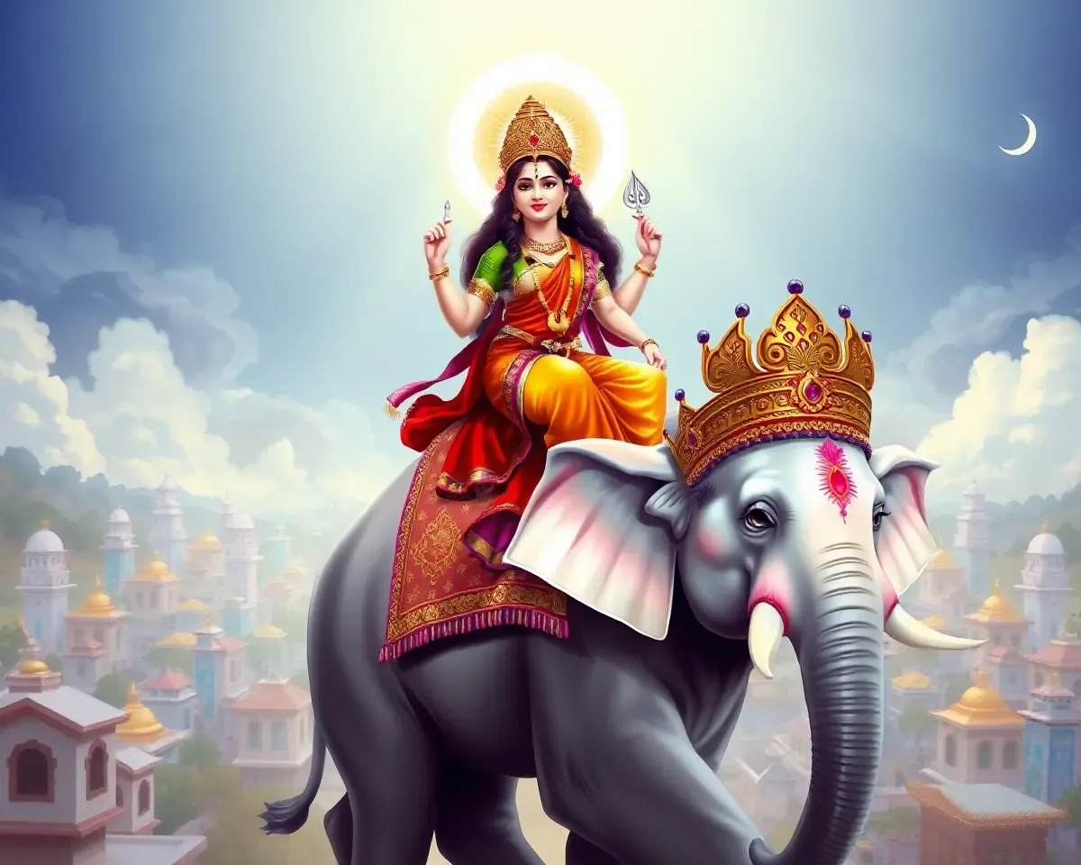 Laxmi Riding White Elephant with Cityscape Background