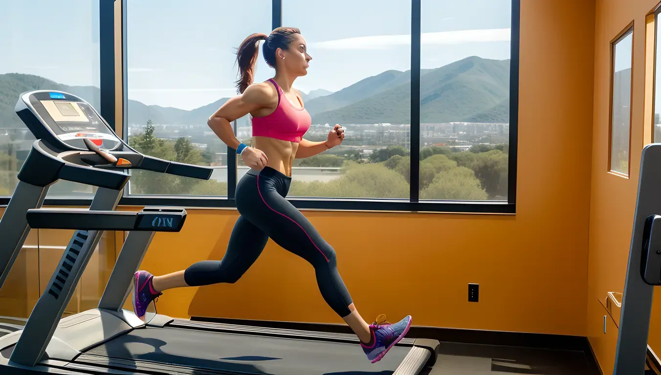 Lean Physique Girl Running on Treadmill with Scenic View