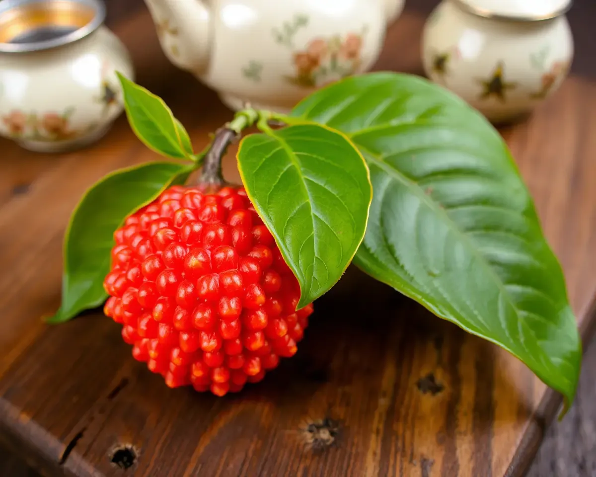 Litchi Fruit on Rustic Table with Vintage Tea Set 🍊