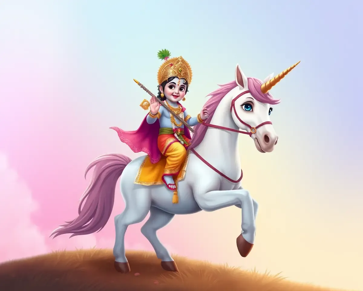 Little Krishna Riding Unicorn on Pastel Gradient Background